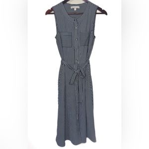 Monteau Los Angeles Blue and White Striped Button Down Sleeveless Midi Dress